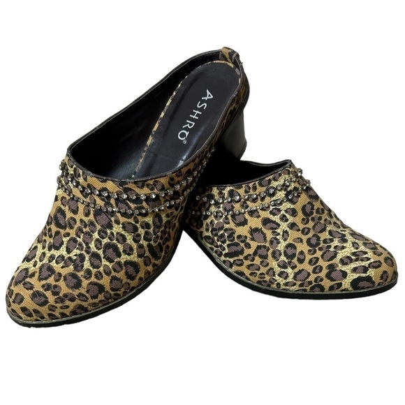 Ashro Women’s Leopard Printed Rhinestone Denim Heel Mules Slip On Clogs Size 8.5 - Picture 1 of 14